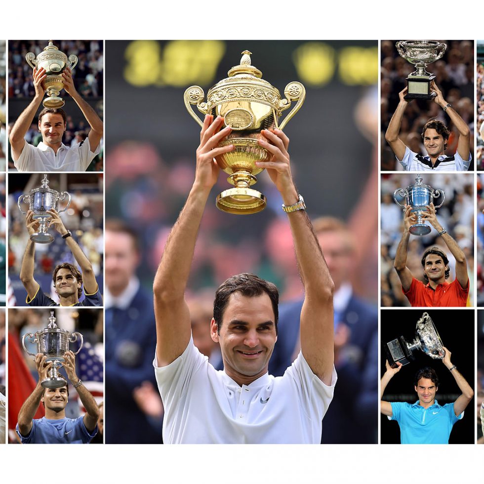 Federer con vari trofei slam