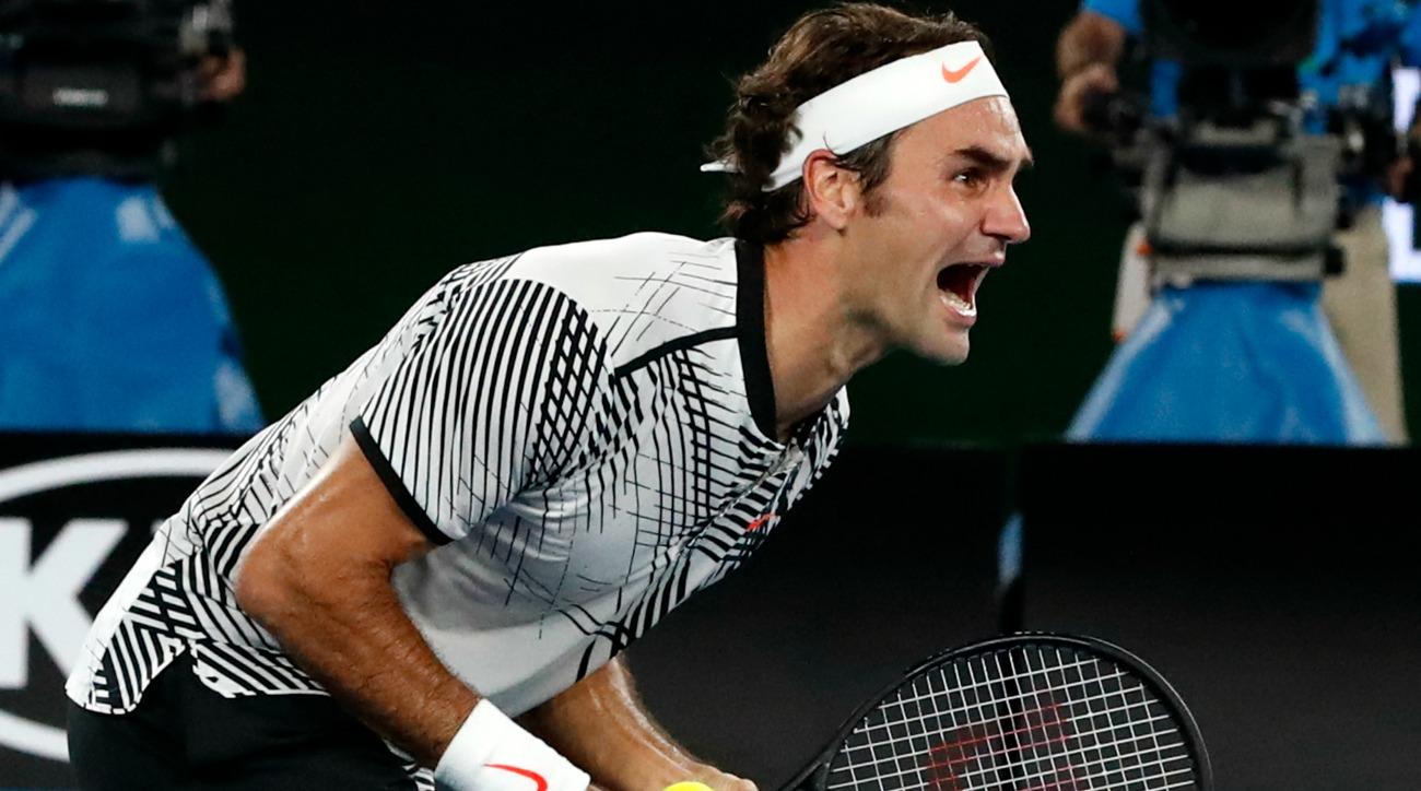 Federer esulta dopo il punto decisivo nella finale degli AusOpen 2017 www.si.com/tennis